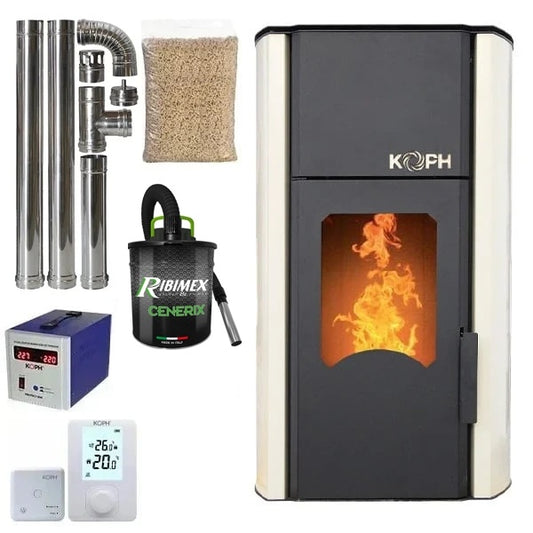 Termosemineu pe peleti KOPH PM 30 kW, 200 mp, buncar 30 kg, evacuare 80 mm, cu pompa si vas expansiune, Crem
