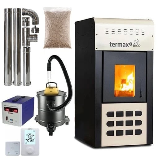 Termosemineu pe peleti Termax Kamin ECO 25 kW, Pachet complet cu pompa si vas expansiune, 160 mp, Crem