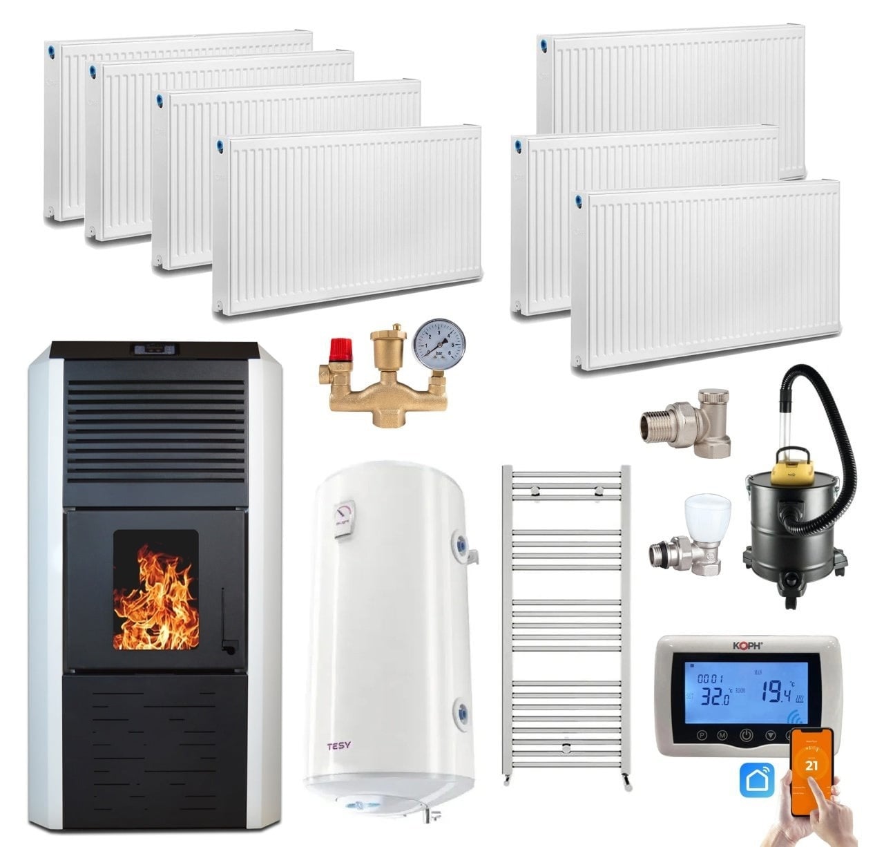 Pachet Termosemineu pe Peleti Termax Kamin ECO 30kW cu Accesorii: Calorifere, Boiler Tesy 100L si Termostat Inteligent KOPH
