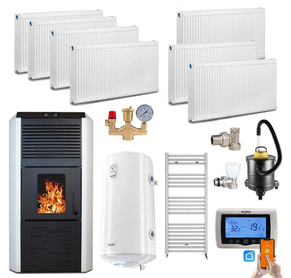 Pachet termosemineu cu peleti Termax Kamin ECO, 30 kW, 220 mp, buncar peleti 55 kg, volum apa 49 litri, diametru cos fum 80 mm, vas expansiune si pompa recirculare incluse, Calorifere, Boiler Termoelectric Tesy 100 litri, Termostat inteligent KOPH CT99