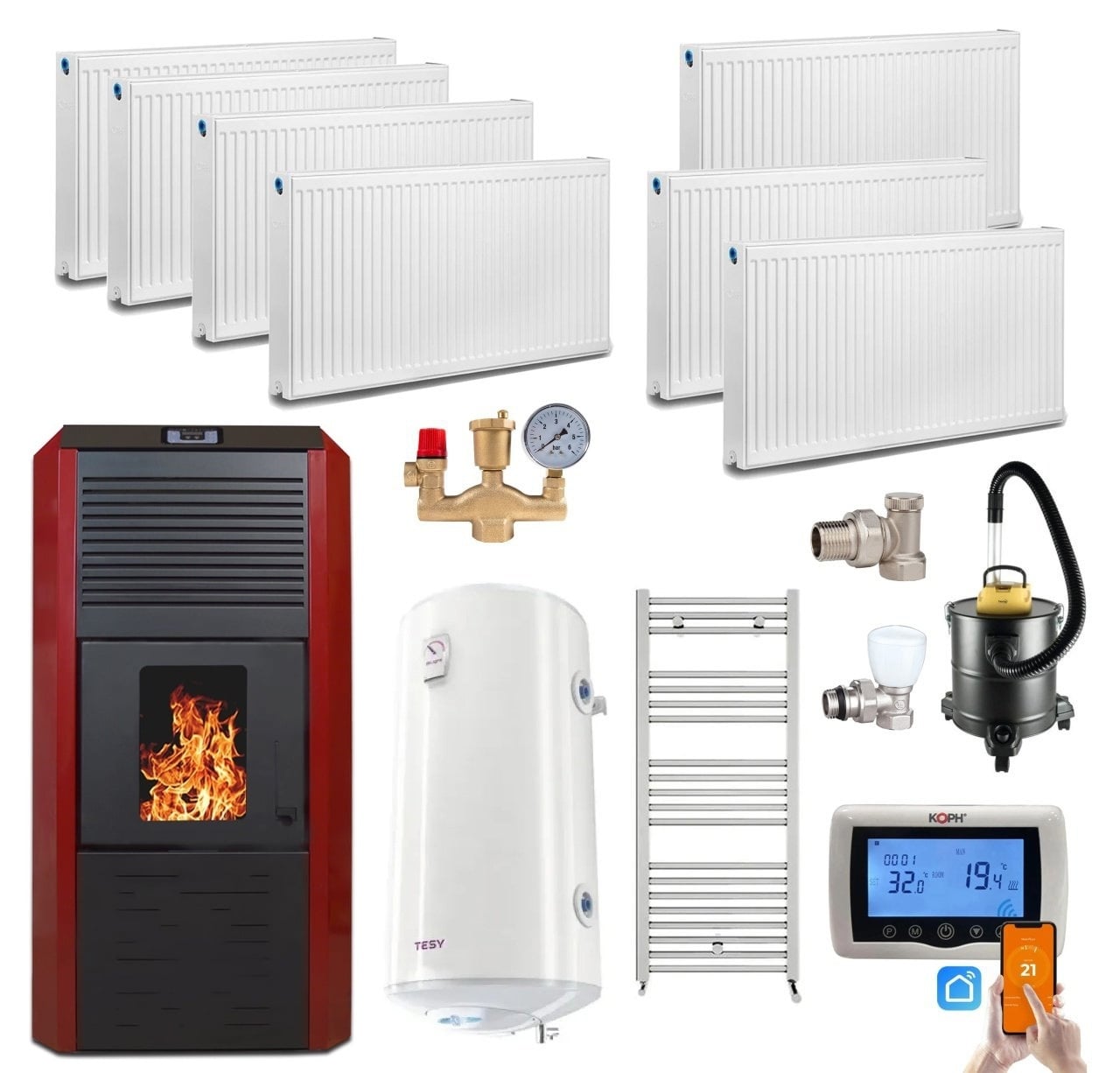 Pachet termosemineu cu peleti Termax Kamin ECO, 30 kW, 220 mp, buncar peleti 55 kg, volum apa 49 litri, diametru cos fum 80 mm, vas expansiune si pompa recirculare incluse, Calorifere, Boiler Termoelectric Tesy 100 litri, Termostat inteligent KOPH CT99