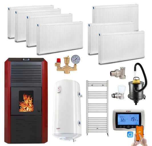 Pachet termosemineu cu peleti Termax Kamin ECO, 30 kW, 220 mp, buncar peleti 55 kg, volum apa 49 litri, diametru cos fum 80 mm, vas expansiune si pompa recirculare incluse, Calorifere, Boiler Termoelectric Tesy 100 litri, Termostat inteligent KOPH CT99