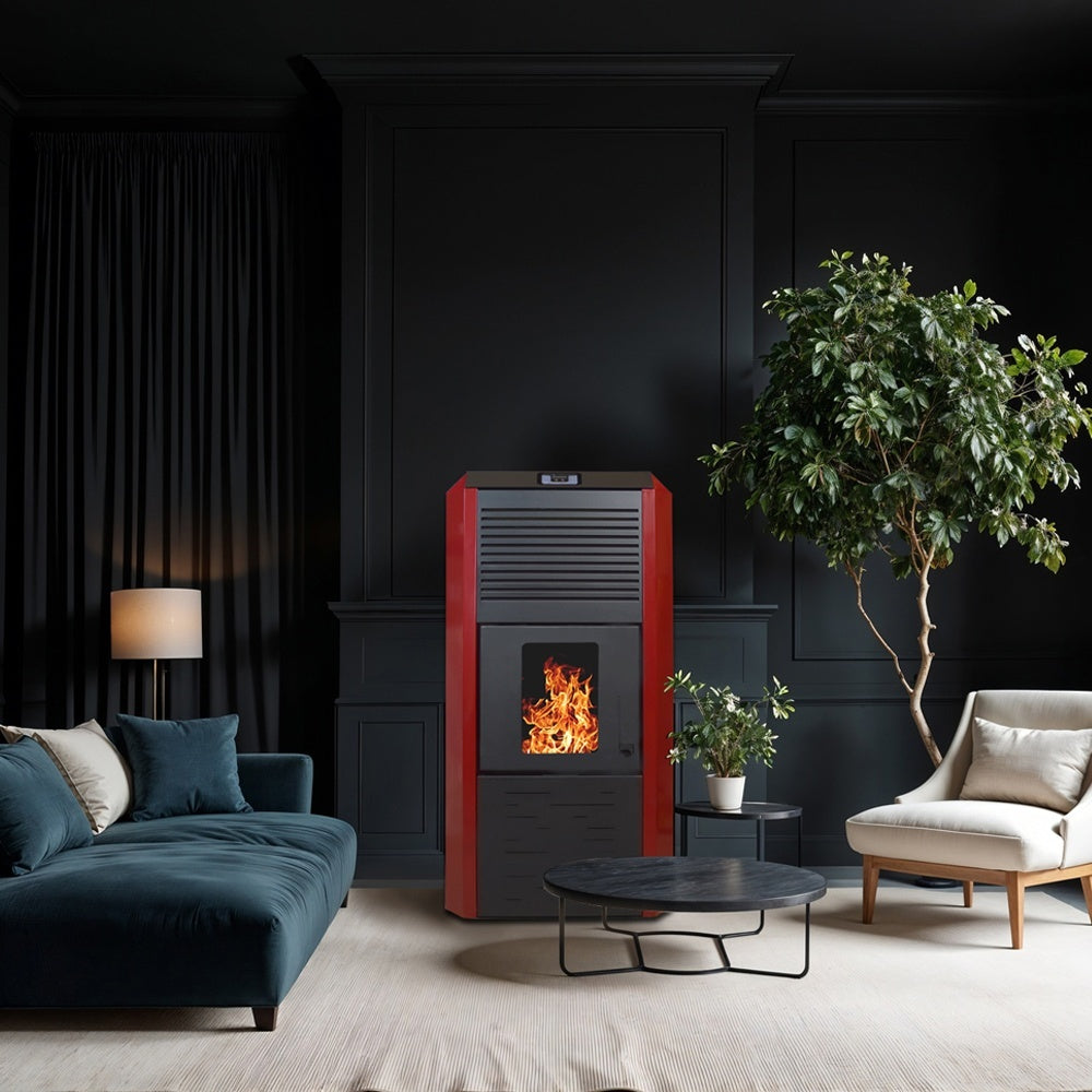 Pachet termosemineu cu peleti Termax Kamin ECO, 30 kW, 220 mp, buncar peleti 55 kg, volum apa 49 litri, diametru cos fum 80 mm, vas expansiune si pompa recirculare incluse, Calorifere, Boiler Termoelectric Tesy 100 litri, Termostat inteligent KOPH CT99