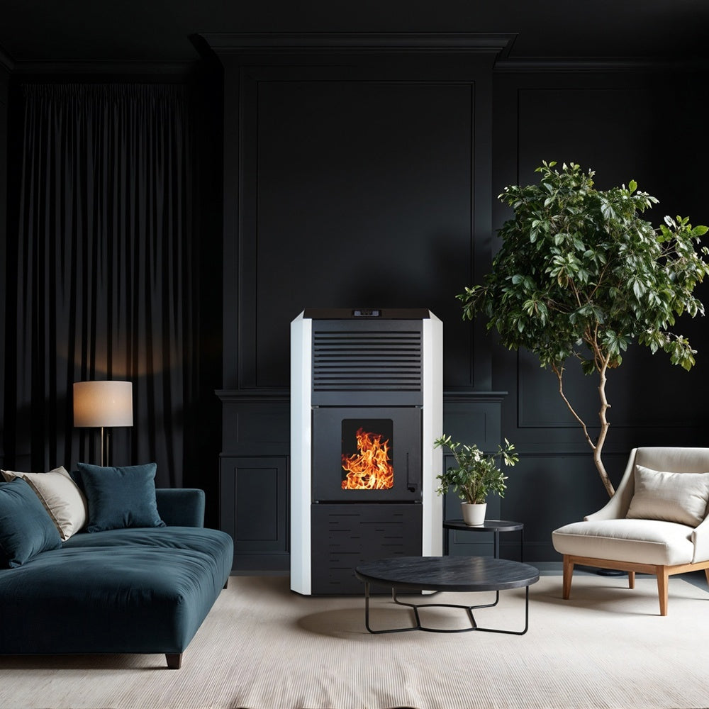 Pachet termosemineu cu peleti Termax Kamin ECO, 30 kW, 220 mp, buncar peleti 55 kg, volum apa 49 litri, diametru cos fum 80 mm, vas expansiune si pompa recirculare incluse, Calorifere, Boiler Termoelectric Tesy 100 litri, Termostat inteligent KOPH CT99