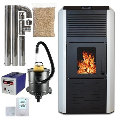 Pachet termosemineu cu peleti Termax Kamin ECO, 30 kW, 220 mp, buncar peleti 55 kg, volum apa 49 litri, diametru cos fum 80 mm, vas expansiune si pompa recirculare incluse, Alb