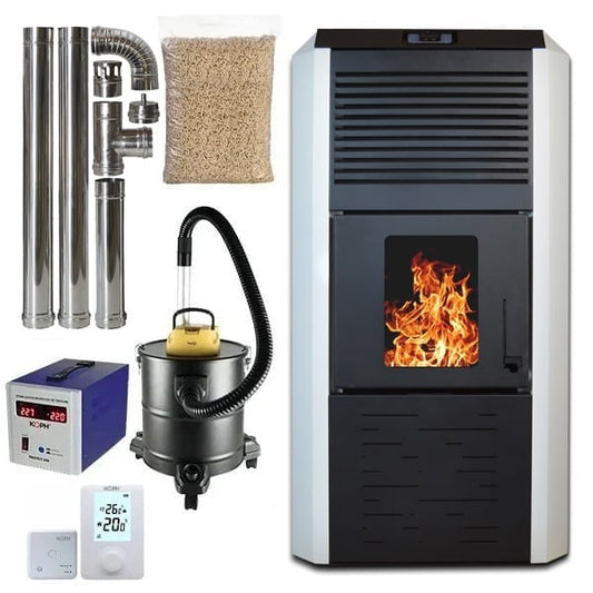 Pachet termosemineu cu peleti Termax Kamin ECO, 30 kW, 220 mp, buncar peleti 55 kg, volum apa 49 litri, diametru cos fum 80 mm, vas expansiune si pompa recirculare incluse, Alb