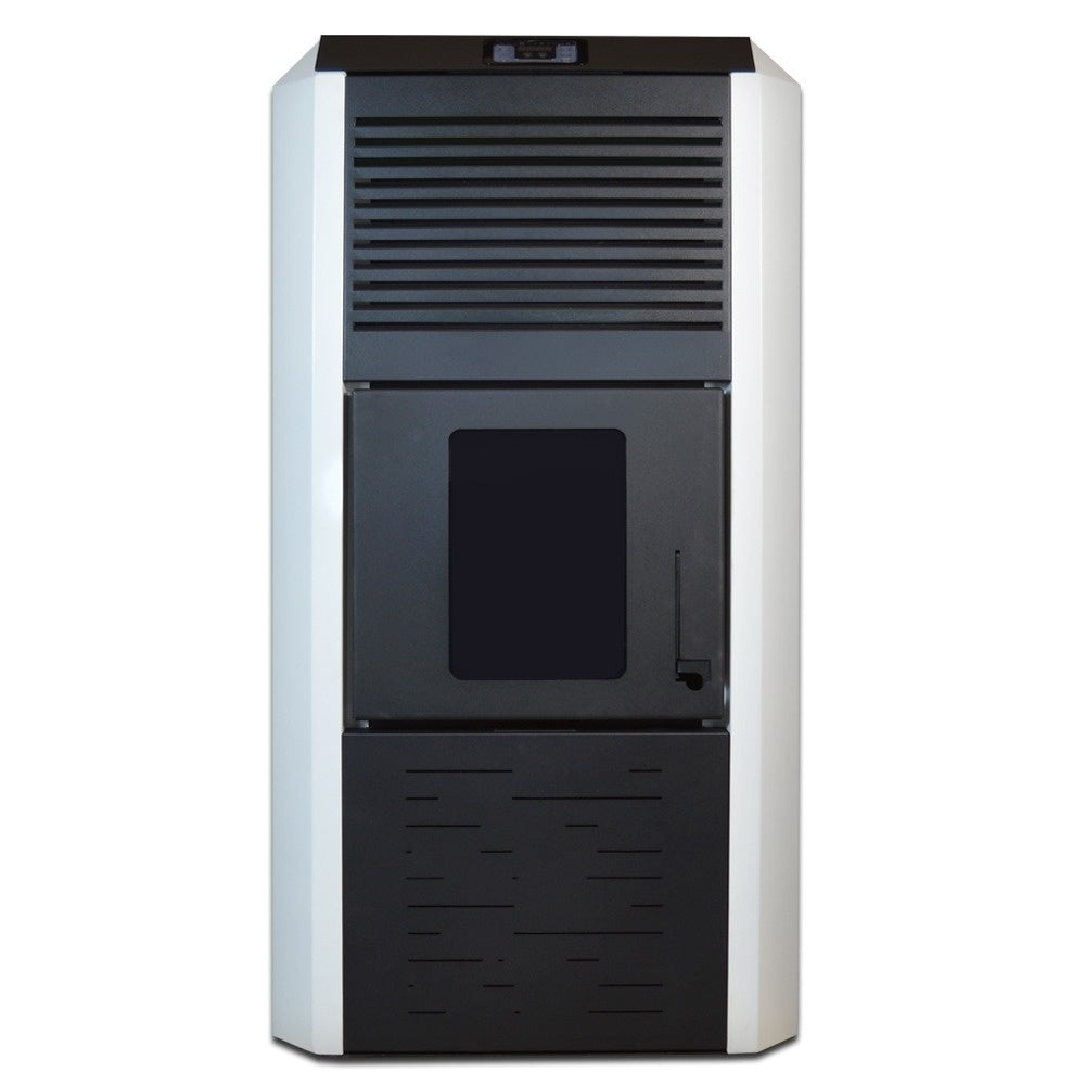 Pachet termosemineu cu peleti Termax Kamin ECO, 30 kW, 220 mp, buncar peleti 55 kg, volum apa 49 litri, diametru cos fum 80 mm, vas expansiune si pompa recirculare incluse, Alb, Grup siguranta si Boiler termoelectric Ariston 100 litri