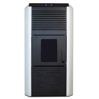 Pachet termosemineu cu peleti Termax Kamin ECO, 30 kW, 220 mp, buncar peleti 55 kg, volum apa 49 litri, diametru cos fum 80 mm, vas expansiune si pompa recirculare incluse, Alb, Grup siguranta si Boiler termoelectric Ariston 100 litri