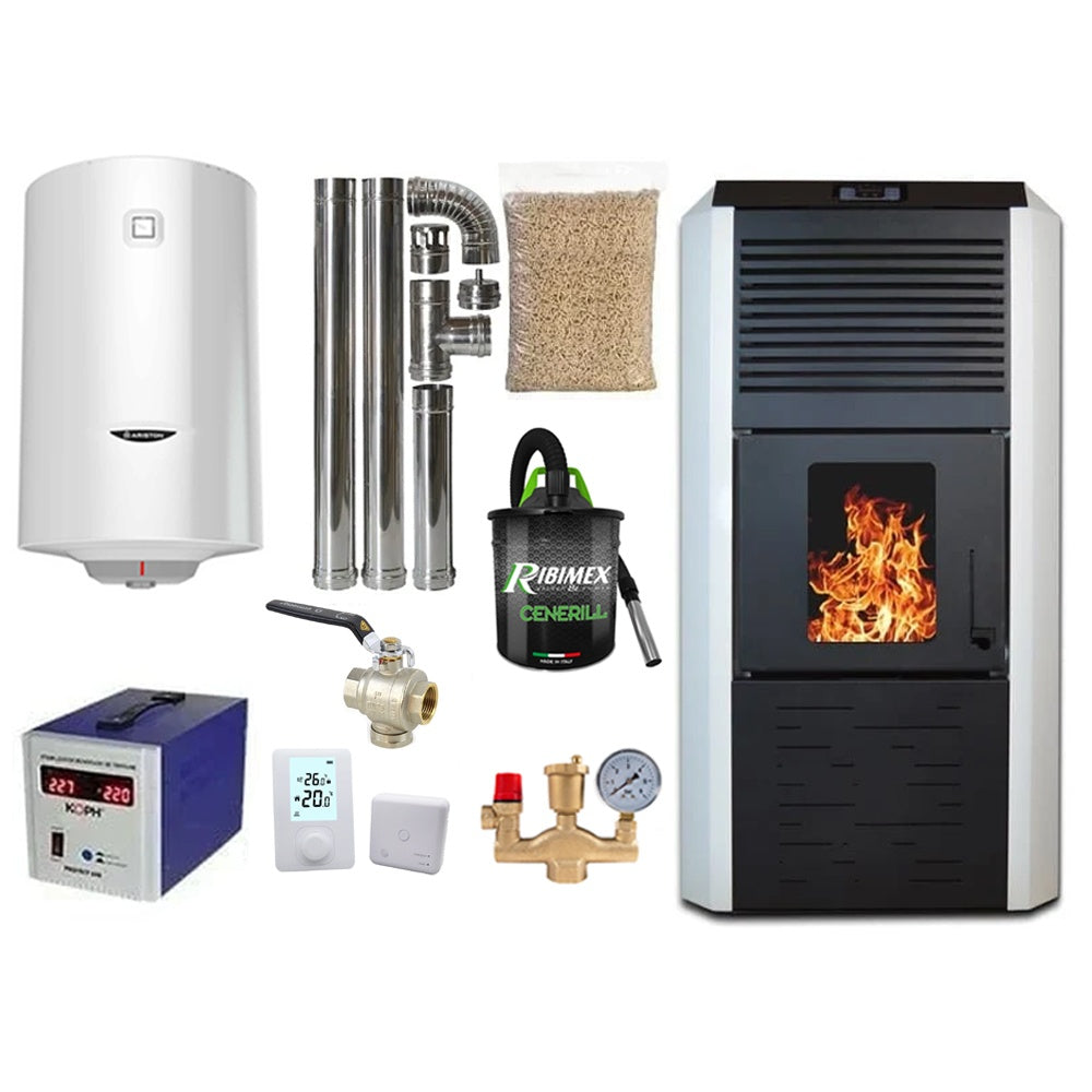Pachet termosemineu cu peleti Termax Kamin ECO, 30 kW, 220 mp, buncar peleti 55 kg, volum apa 49 litri, diametru cos fum 80 mm, vas expansiune si pompa recirculare incluse, Alb, Grup siguranta si Boiler termoelectric Ariston 100 litri