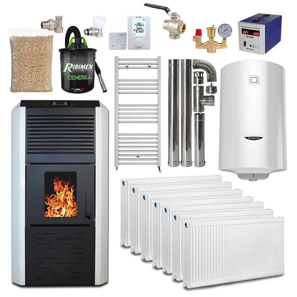 Termax Kamin ECO 30kW Pellet Thermofireplace Bundle with 100L Boiler and Installation Kit, White