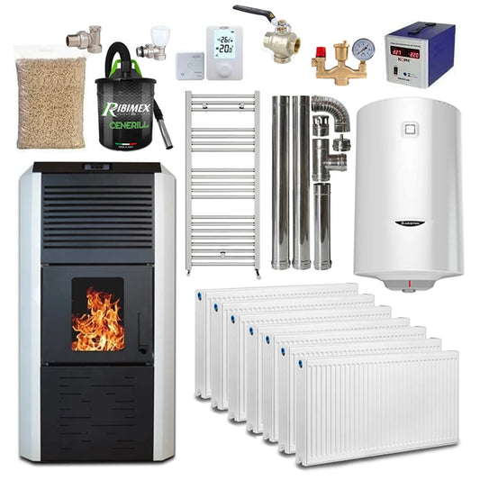 Termax Kamin ECO 30kW Pellet Thermofireplace Bundle with 100L Boiler and Installation Kit, White