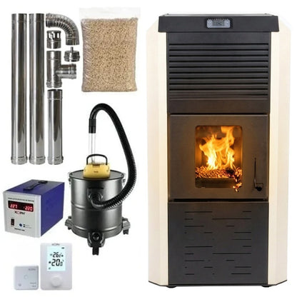 Pachet termosemineu cu peleti Termax Kamin ECO, 30 kW, 220 mp, buncar peleti 55 kg, volum apa 49 litri, diametru cos fum 80 mm, vas expansiune si pompa recirculare incluse, Crem
