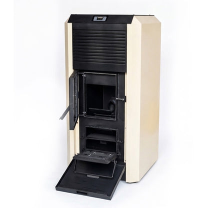 Pachet termosemineu cu peleti Termax Kamin ECO, 30 kW, 220 mp, buncar peleti 55 kg, volum apa 49 litri, diametru cos fum 80 mm, vas expansiune si pompa recirculare incluse, Crem