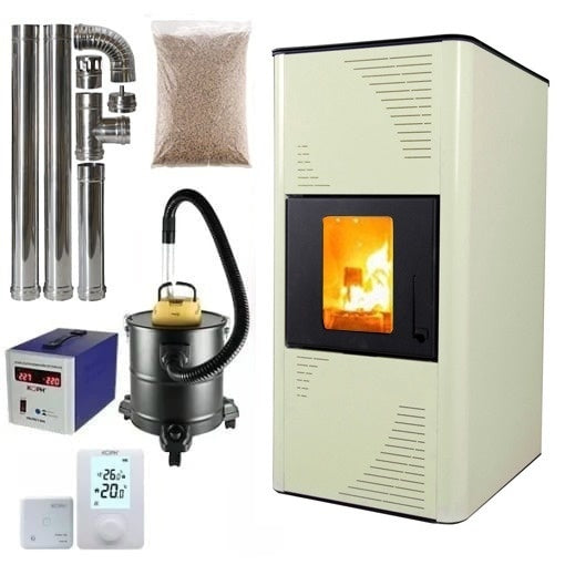 Pachet termosemineu cu peleti Termax Kamin PM 15 kW, 120 mp, buncar peleti 30 kg, volum apa 30 litri, diametru cos fum 80 mm, vas expansiune si pompa recirculare incluse, Bej