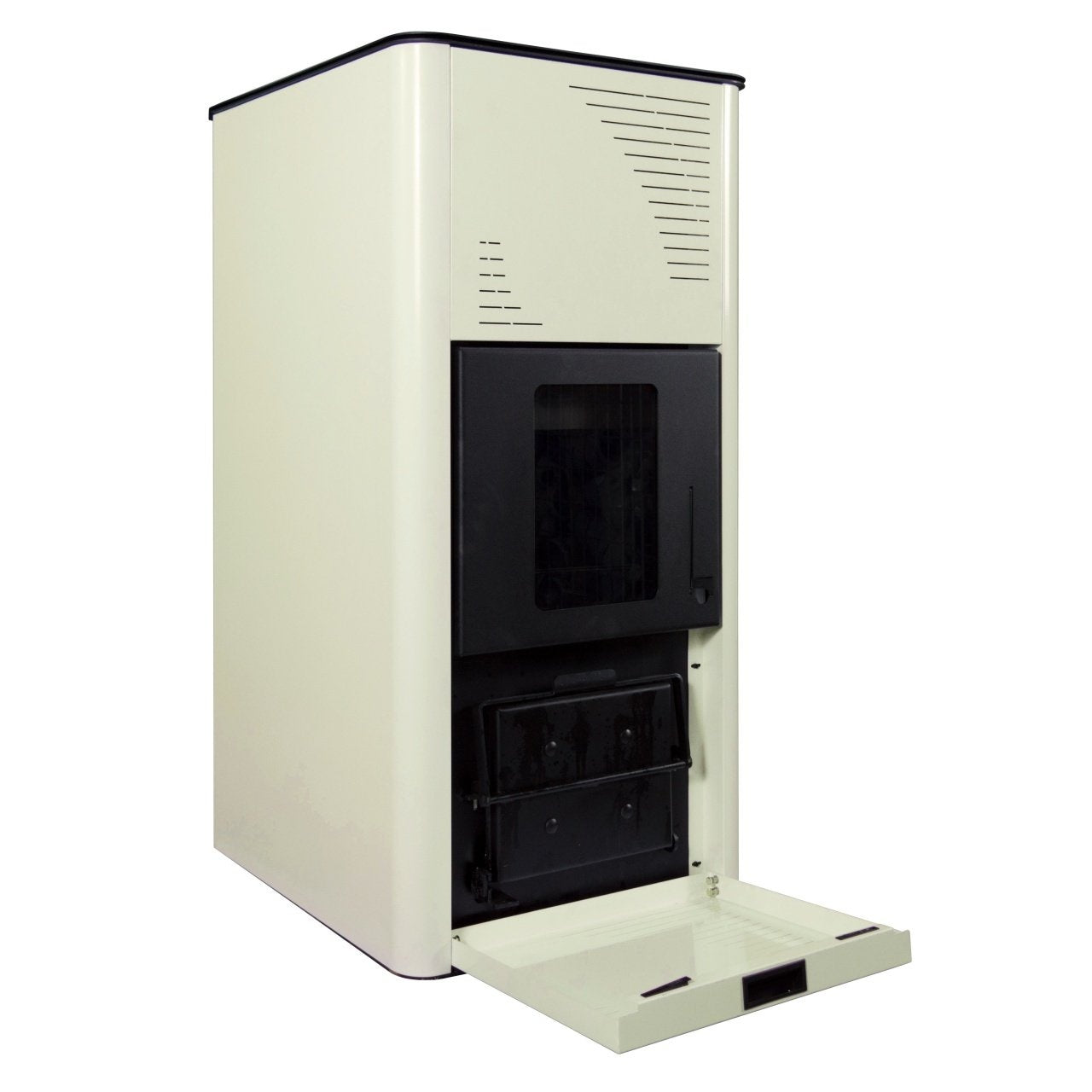 Pachet termosemineu cu peleti Termax Kamin PM 15 kW, 120 mp, buncar peleti 30 kg, volum apa 30 litri, diametru cos fum 80 mm, vas expansiune si pompa recirculare incluse, Bej