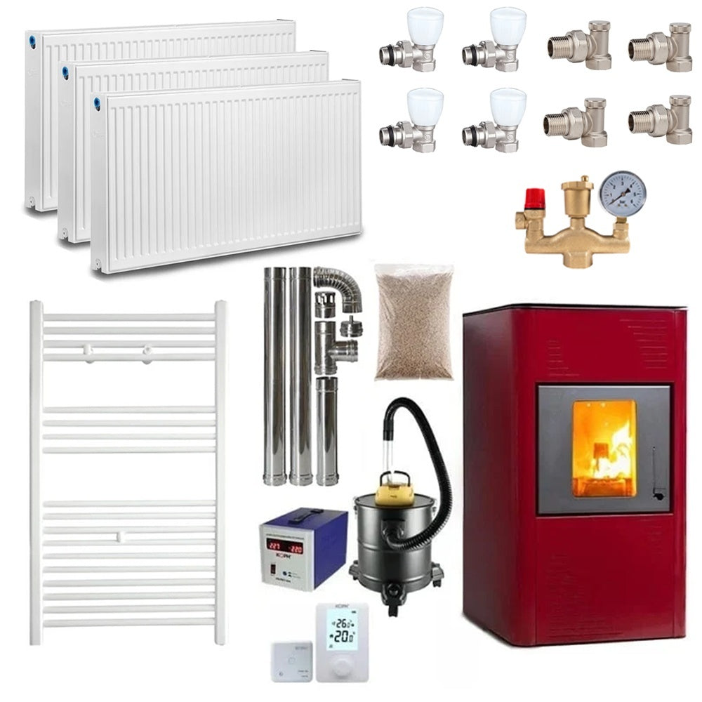 Pachet Termosemineu pe Peleti Termax Kamin PM 15 kW pentru 120 mp, cu Accesorii Complete de Instalare, Culoare Bordo