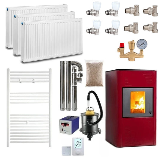 Pachet Termosemineu pe Peleti Termax Kamin PM 15 kW pentru 120 mp, cu Accesorii Complete de Instalare, Culoare Bordo