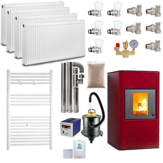 Termax Kamin PM 15 kW Pellet Thermostove Package - 120 sqm, 30kg Hopper, Bordo