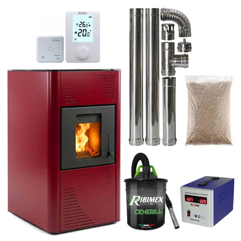 Termax Kamin PM 15 kW Pellet Fireplace Boiler Package - 120 sqm, 30kg Hopper, 30L Water Capacity, 80mm Flue, Includes Expansion Vessel and Circulation Pump, Bordo