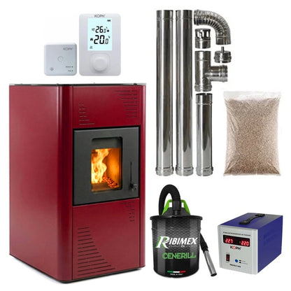 Termax Kamin PM 15 kW Pellet Fireplace Boiler Package - 120 sqm, 30kg Hopper, 30L Water Capacity, 80mm Flue, Includes Expansion Vessel and Circulation Pump, Bordo