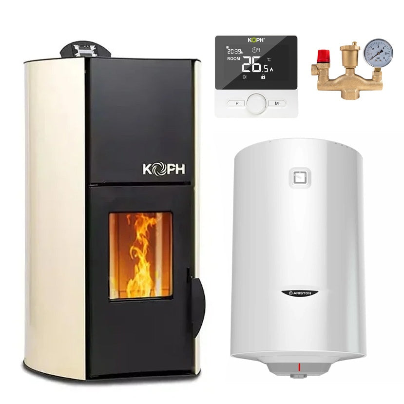 Pachet termosemineu pe peleti KOPH PM 12 kW, 80 mp, buncar peleti 12 kg, diametru cos fum 80 mm, pompa recirculare si vas expansiune incorporate, Boiler termoelectric Ariston 100 litri, Grup siguranta, Termostat inteligent KOPH WT-25