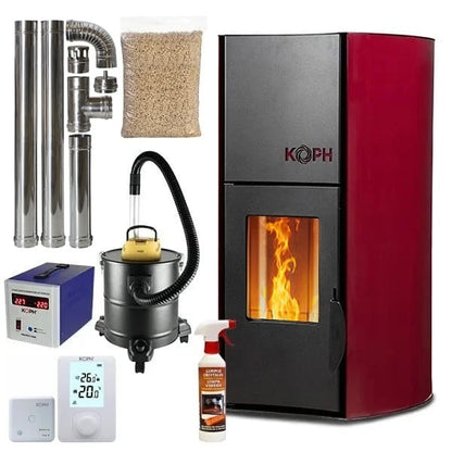 Termosemineu pe peleti KOPH PM 12 kW, 80 mp, Bordo, cu pompa recirculare, vas expansiune si buncar 12 kg
