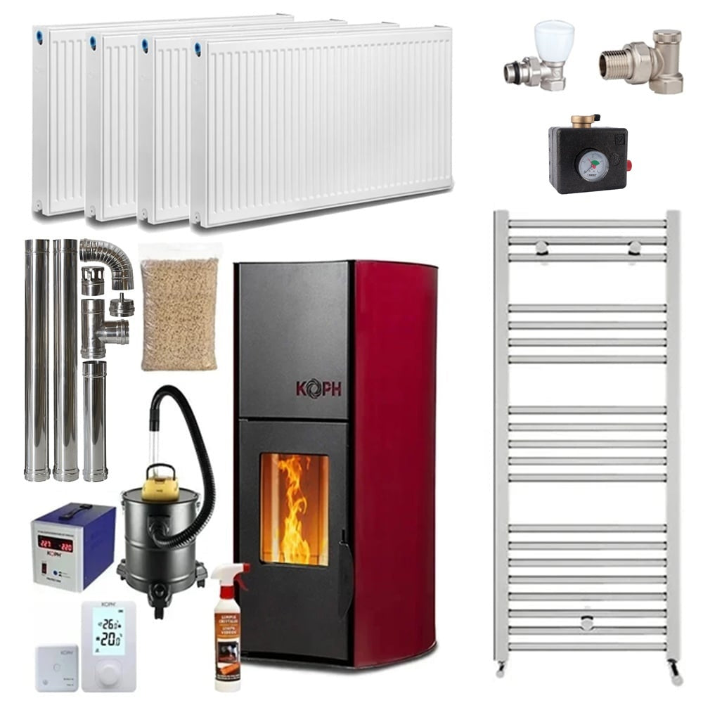 Termosemineu pe peleti KOPH PM 12 kW, 80 mp, Bordo, cu pompa recirculare, vas expansiune si grup siguranta