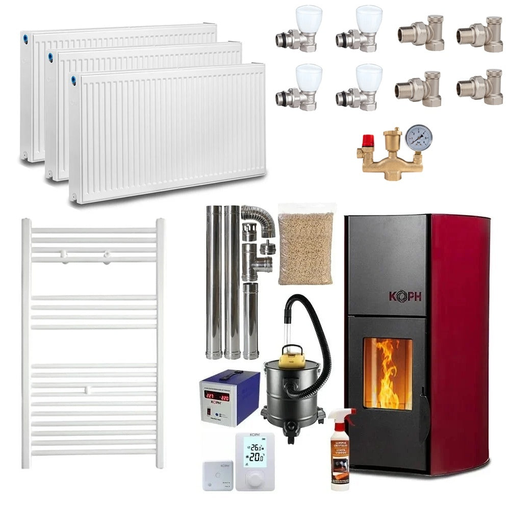 KOPH PM 12 kW Pellet Thermostove Package - 80 sqm, 12kg Hopper, 80mm Flue, Includes Pump, Expansion Vessel, Safety Group, Valves, and Radiators - Bordo