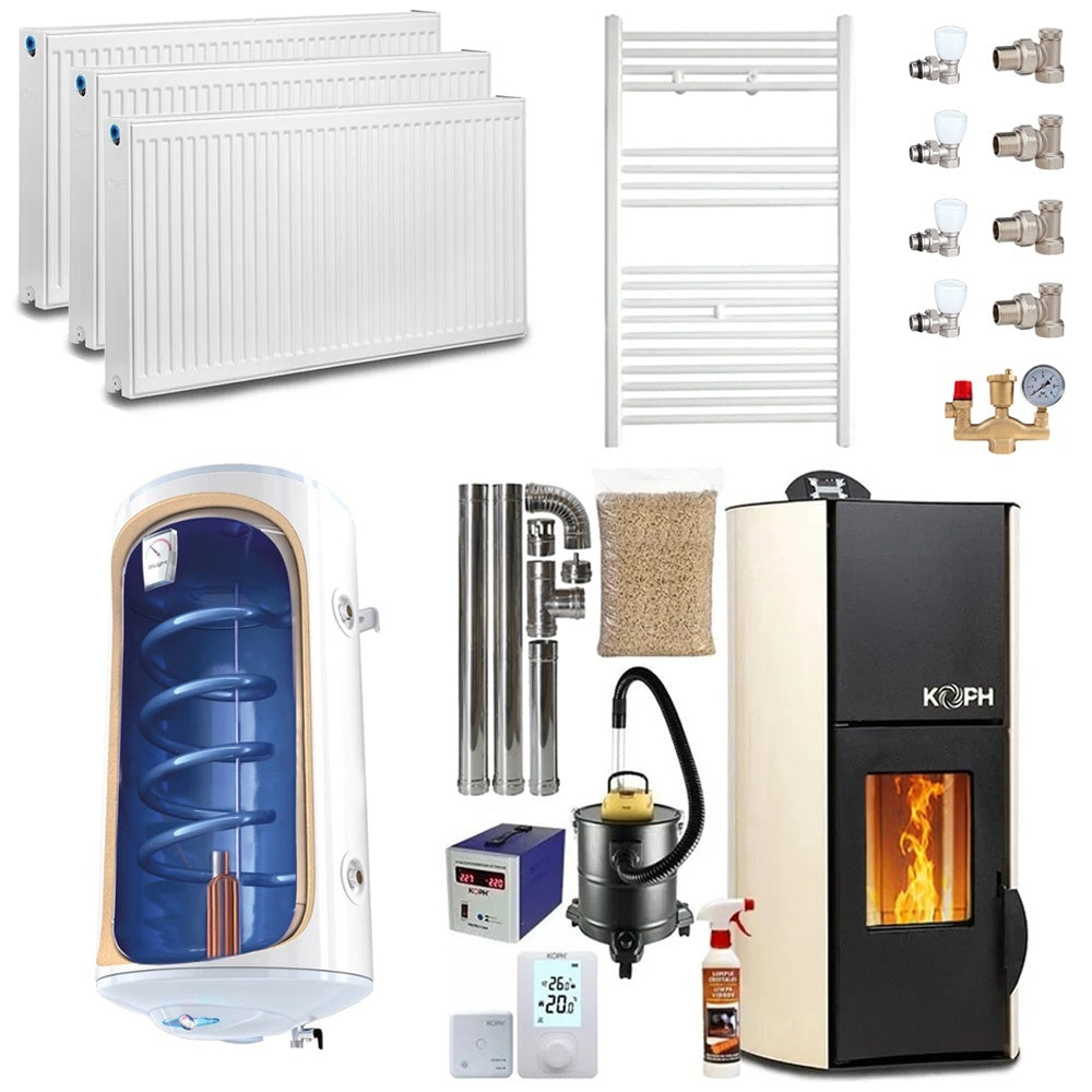 Pachet Complet Termosemineu pe Peleti KOPH PM 12 kW pentru Incalzire 80 mp, cu Boiler, Calorifere si Accesorii Montaj