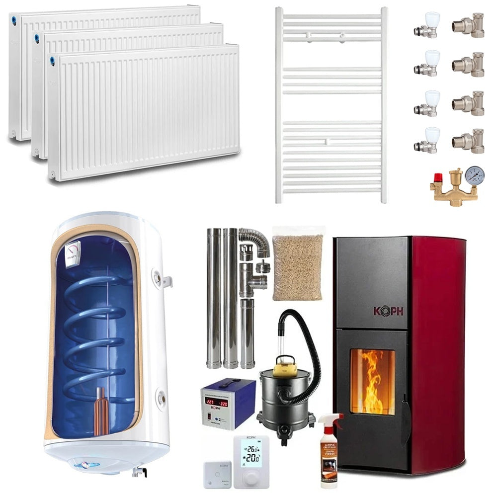 KOPH PM 12 kW Pellet Thermostove Kit: 80m² Heating, 12kg Hopper, Pump, Expansion Tank, Boiler, Safety Group, and Radiators - Bordo