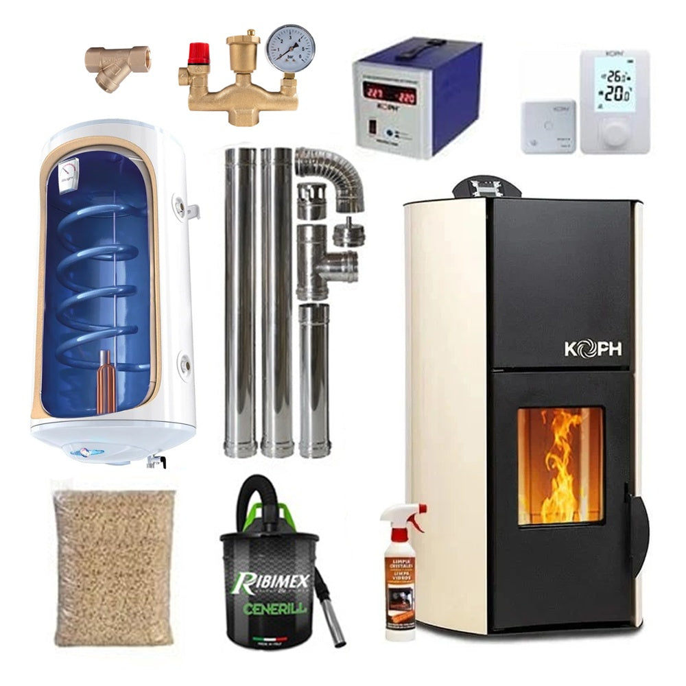 Termosemineu pe peleti KOPH PM 12 kW, 80 mp, cu Boiler Termoelectric Tesy 80L si Kit Instalare Complet, Crem