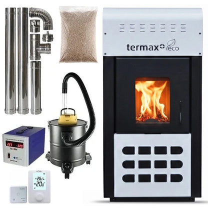 Pachet termosemineu pe peleti Termax Kamin ECO, 25 kW, 160 mp, buncar peleti 45 kg, volum apa 42 litri, diametru cos fum 80 mm, vas expansiune si pompa recirculare incluse, Alb