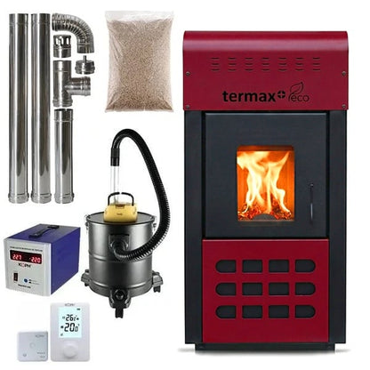 Termax Kamin ECO 25kW Pellet Thermostove Package - 160sqm Heating Capacity, 45kg Hopper, Bordo