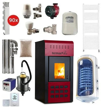 Pachet termosemineu pe peleti Termax Kamin ECO, 25 kW, 160 mp, buncar peleti 45 kg, volum apa 42 litri, diametru cos fum 80 mm, Boiler Termoelectric 120 litri, Elementi Aluminiu + Accesorii Montaj