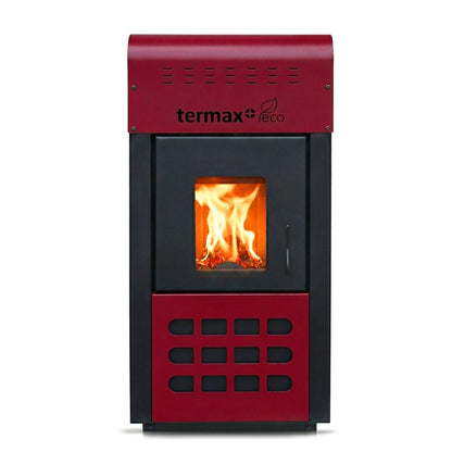 Pachet termosemineu pe peleti Termax Kamin ECO, 25 kW, 160 mp, buncar peleti 45 kg, volum apa 42 litri, diametru cos fum 80 mm, Boiler Termoelectric 120 litri, Elementi Aluminiu + Accesorii Montaj