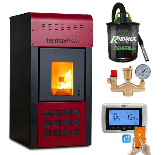 Pachet Complet Termosemineu pe Peleti Termax Kamin ECO 25 kW pentru Incalzire 160 mp cu Accesorii si Termostat Inteligent