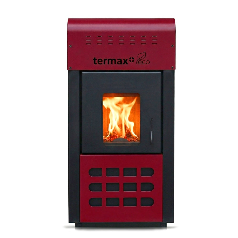 Pachet termosemineu pe peleti Termax Kamin ECO 25 kW, pompa de reciculare si vas expansiune inclus, 5 calorifere tip panou, un calorifer portprosop, 6 seturi robineti, boiler termoelectric 100 litri