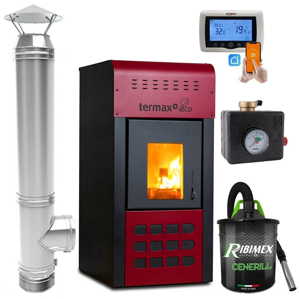 Pachet Complet Termosemineu pe Peleti Termax Kamin ECO 25kW cu Kit Instalare, Cos de Fum Inox 4m, Grup Siguranta, Termostat Inteligent si Aspirator Cenusa