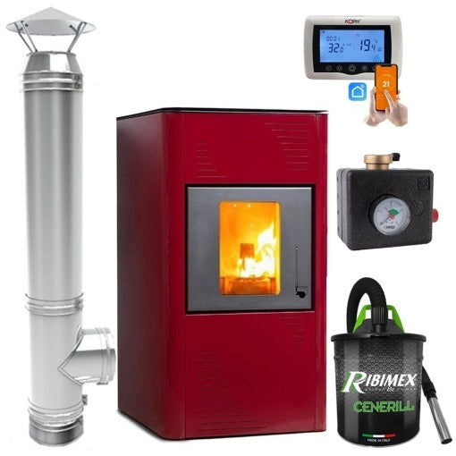 Pachet Complet Termosemineu pe Peleti Termax Kamin 15kW cu Kit Cos de Fum Inox, Grup de Siguranta, Termostat Inteligent si Aspirator Cenusa