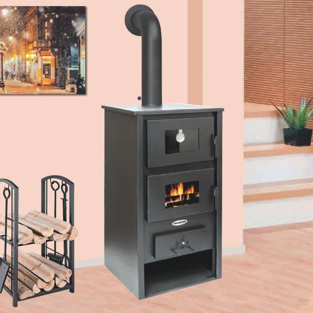 Pachet termosoba pe lemn Termax Codru, 24.43 kW, cuptor integrat, randament 85.10%, 155 m², Antracit și suport lemne foc metalic Termax M cu design vertical și robust, 50 x 40 x 36 cm