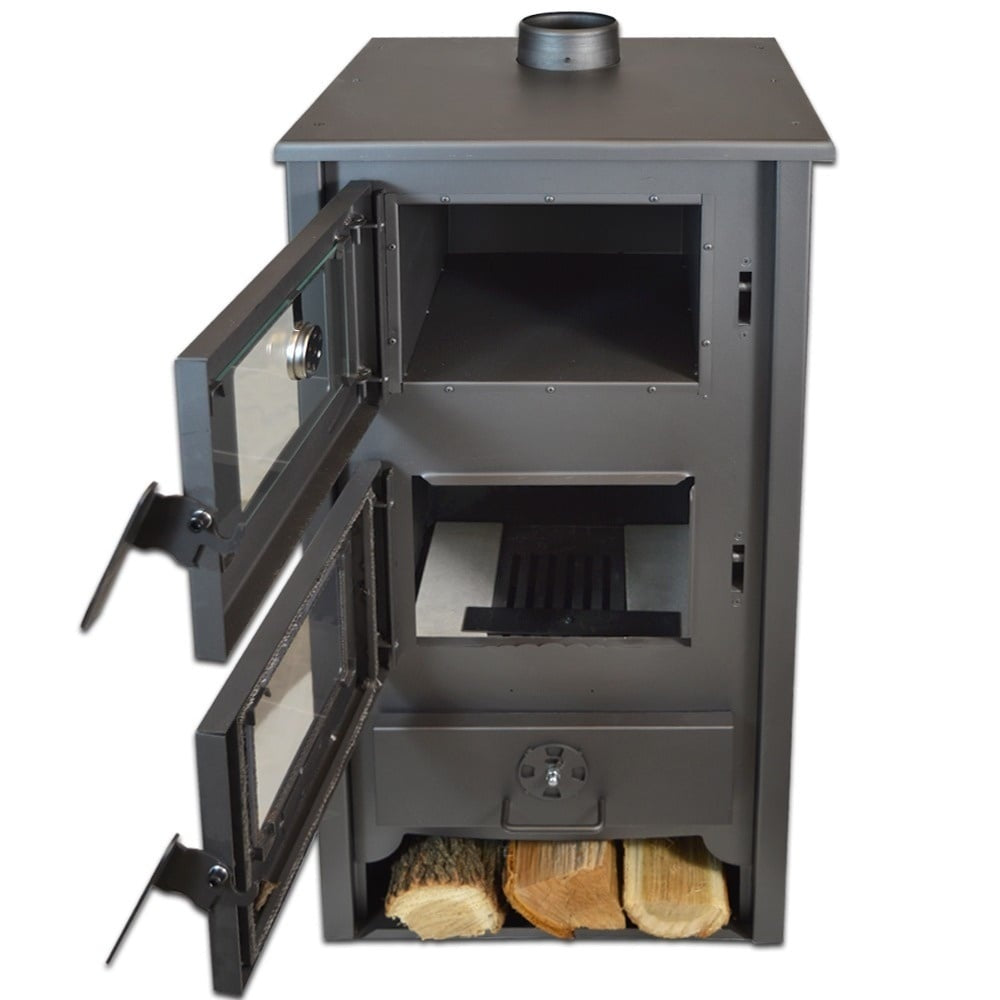 Pachet termosoba pe lemn Termax Codru, 24.43 kW, cuptor integrat, randament 85.10%, 155 m², Antracit și suport lemne foc metalic Termax M cu design vertical și robust, 50 x 40 x 36 cm