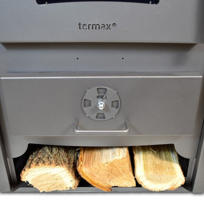 Pachet termosoba pe lemn Termax Codru, 24.43 kW, cuptor integrat, randament 85.10%, 155 m², Antracit și suport lemne foc metalic Termax M cu design vertical și robust, 50 x 40 x 36 cm