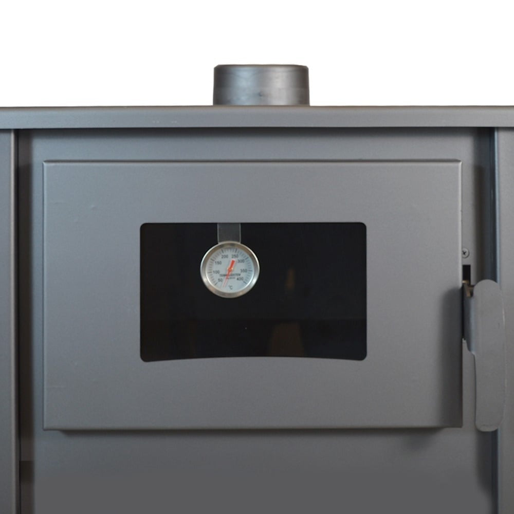 Pachet termosoba pe lemn Termax Codru, 24.43 kW, cuptor integrat, randament 85.10%, 155 m², Antracit și suport lemne foc metalic Termax M cu design vertical și robust, 50 x 40 x 36 cm