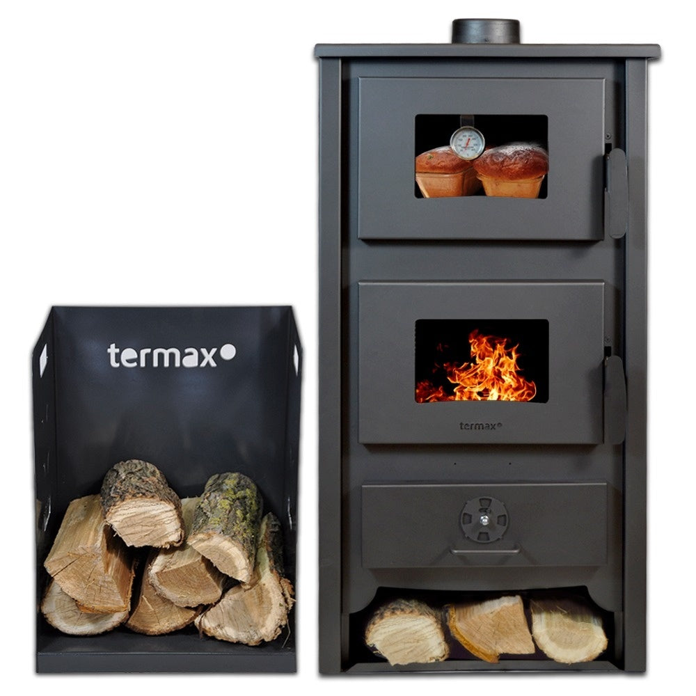 Pachet termosoba pe lemn Termax Codru, 24.43 kW, cuptor integrat, randament 85.10%, 155 m², Antracit și suport lemne foc metalic Termax M cu design vertical și robust, 50 x 40 x 36 cm