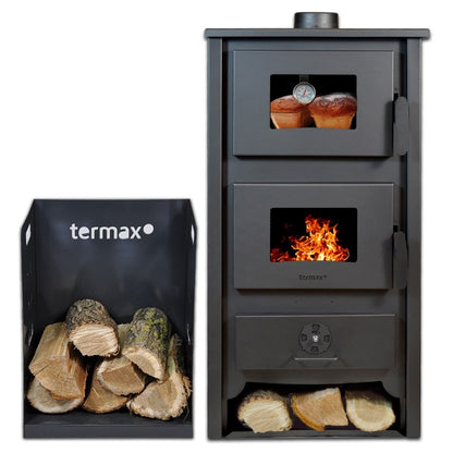 Pachet termosoba pe lemn Termax Codru, 24.43 kW, cuptor integrat, randament 85.10%, 155 m², Antracit și suport lemne foc metalic Termax M cu design vertical și robust, 50 x 40 x 36 cm