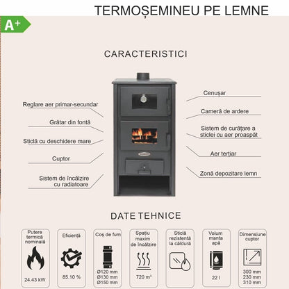 Pachet Termosoba pe lemn Termax Codru, 24.43 kW, cuptor integrat, randament 85.10%, 155 m², Calorifere, Pompa Recirculare, Vas expansiune, Robineti tur/retur si set accesorii