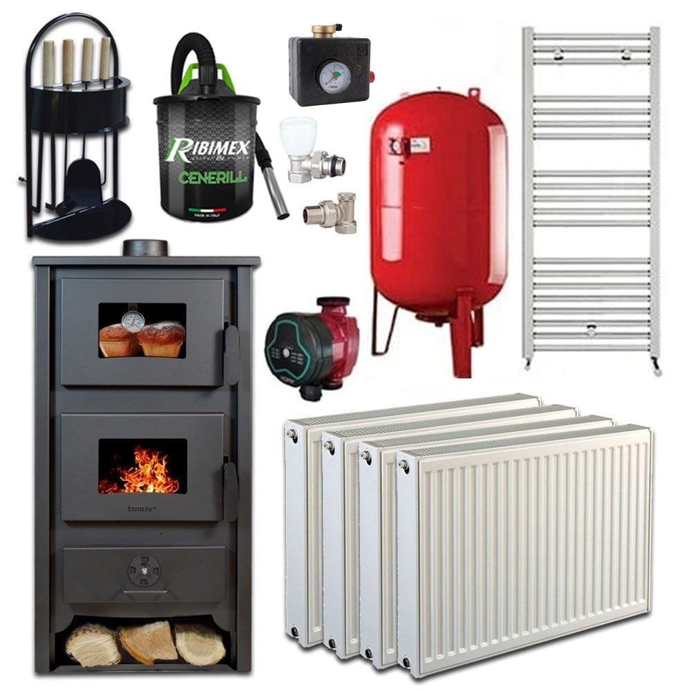 Pachet Termosoba pe lemn Termax Codru, 24.43 kW, cuptor integrat, randament 85.10%, 155 m², Calorifere, Pompa Recirculare, Vas expansiune, Robineti tur/retur si set accesorii