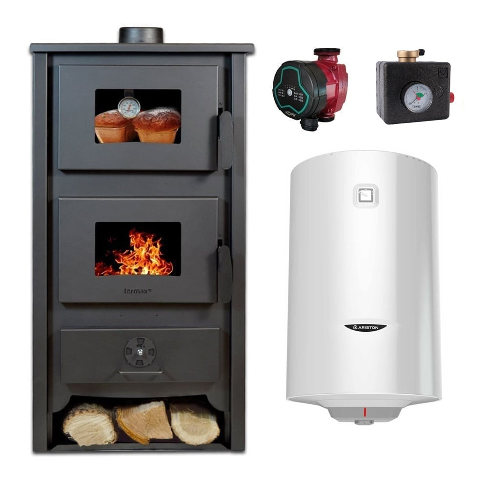 Pachet Termosoba pe lemn Termax Codru, 24.43 kW, cuptor integrat, randament 85.10%, 155 m², Grup siguranta, Pompa recirculare si Boiler termoelectric Ariston 100 litri