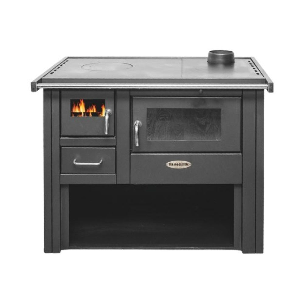 Pachet Termosoba pe lemn Termax Culina, 12.05 kW, evacuare pe dreapta, cuptor integrat, randament 85.29%, 80 m², Calorifere, Pompa Recirculare, Grup siguranta, Vas expansiune, Robineti tur/retur, Aspirator cenusa