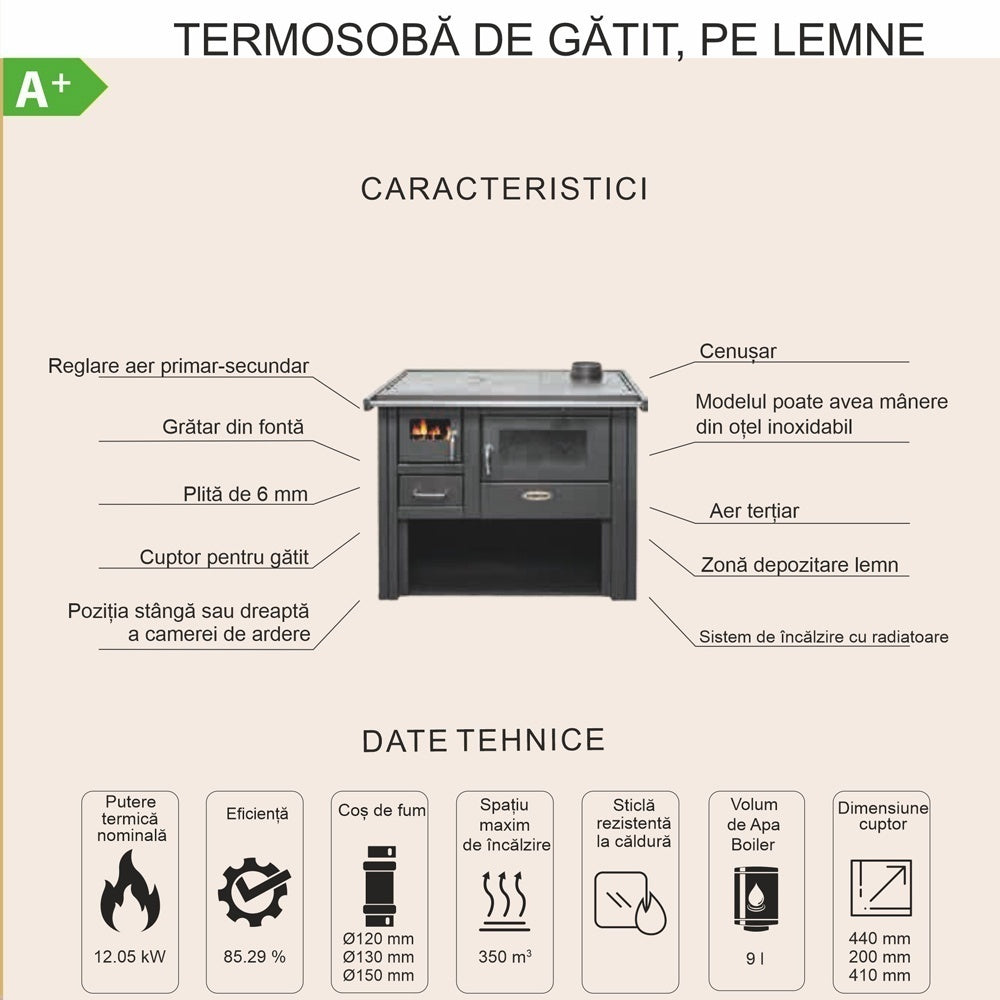Pachet Termosoba pe lemn Termax Culina, 12.05 kW, evacuare pe dreapta, cuptor integrat, randament 85.29%, 80 m², Grup siguranta, Pompa recirculare si Boiler termoelectric Tesy 80 litri